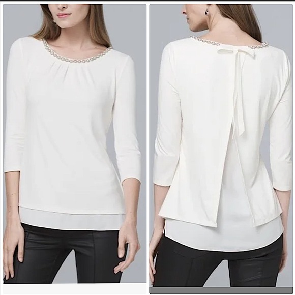 WHBM JEWEL NECK TIE BACK CREAM TOP - Picture 1 of 12